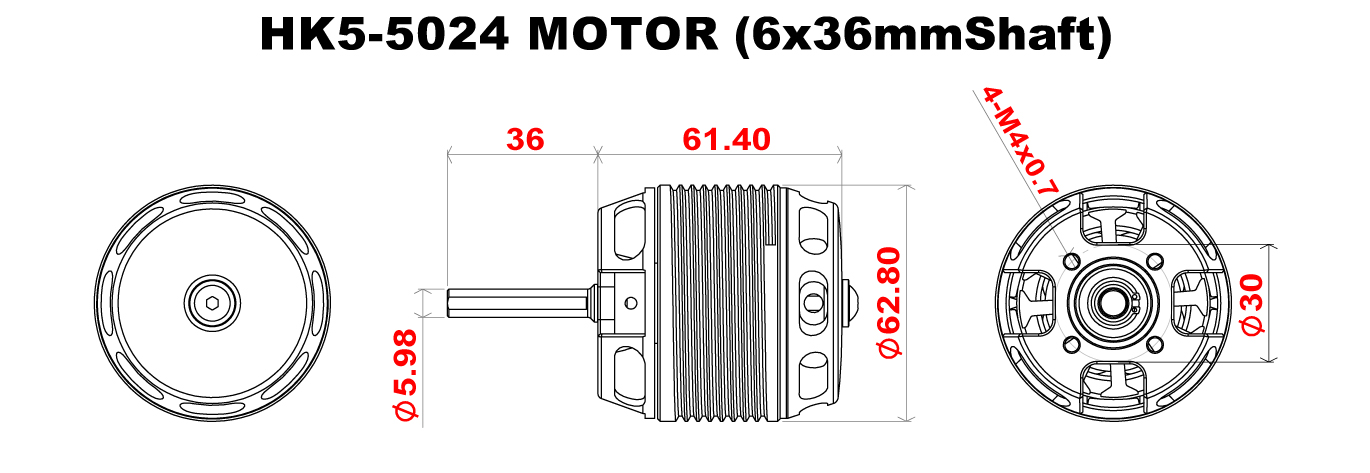 Scorpion HK5-5024-475kv (6 x 36mm shaft) Full Dimension